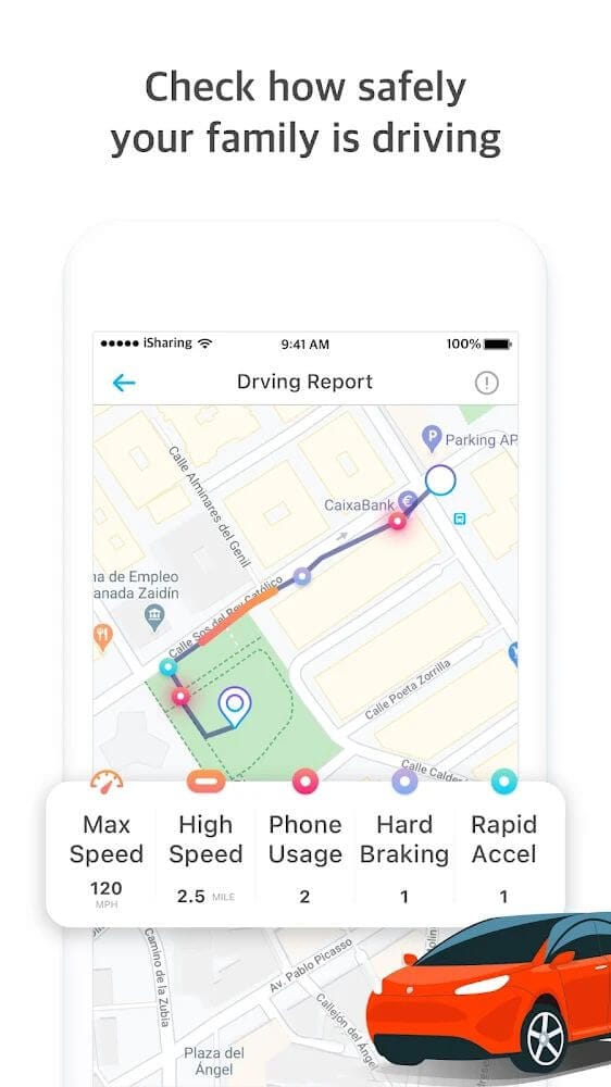 a red car driving down a street next to a map