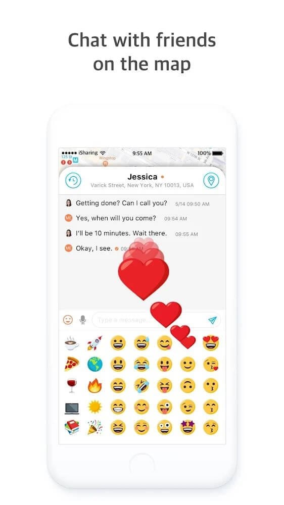 a cell phone with the text chat with friends on the map
